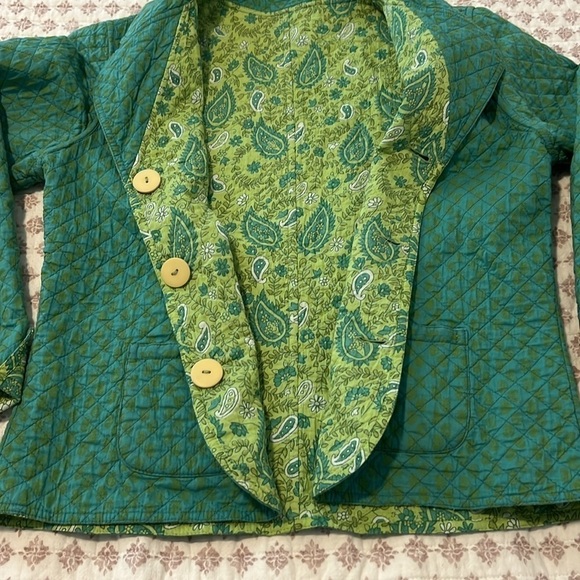 Vintage Quilted Reversible Norm Thompson Green Teal Paisley Print Cotton Jacket - Picture 3 of 16